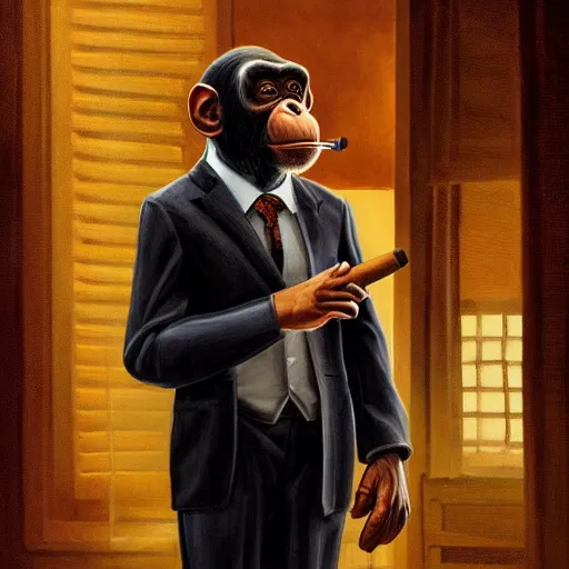 Image similar to a chimp wearing a suit smoking a cigar, dramatic lighting, cinematic, establishing shot, extremly high detail, photorealistic, cinematic lighting, artstation, style by James Gurney