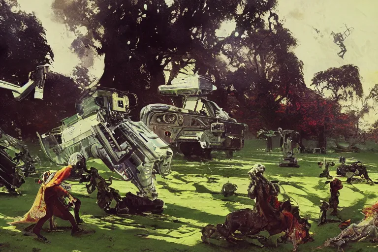 Image similar to pulp scifi illustration, expansive lawn of distant english stately home, by norman rockwell, jack kirby, john berkey, bergey, craig mullins, ruan jia, raymond swanland, jeremy mann, beksinski, tom lovell, tyler edlin, alex malveda, schomburg