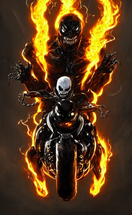 Image similar to venom as ghost rider on a motorcycle, dynamic lighting, photorealistic fantasy concept art, trending on art station, stunning visuals, terrifying, creative, cinematic