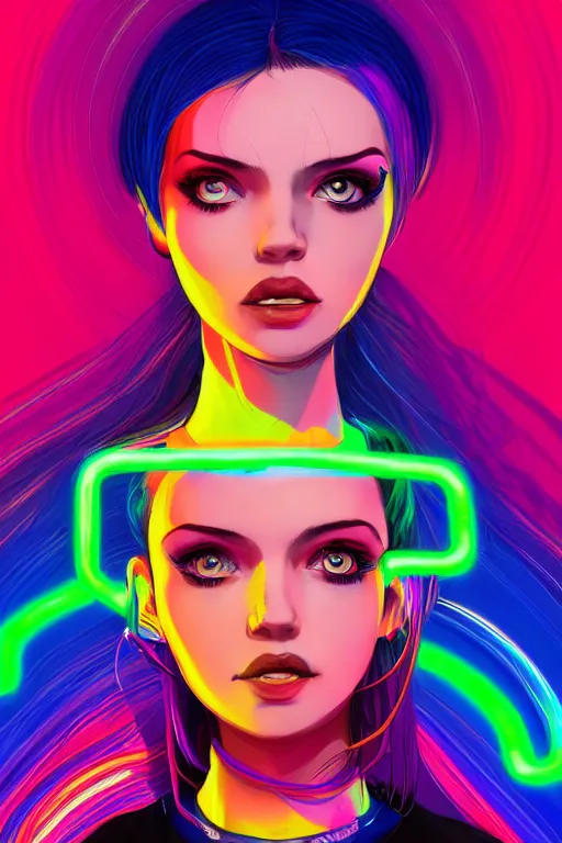 Image similar to a award winning portrait of a beautiful woman with stunning eyes in a one off shoulder croptop and cargo pants with rainbow colored hair, outlined by whirling illuminated neon lines and fine lines swirling in circles by ilya kuvshinov, digital art, trending on artstation