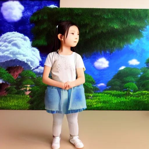 Image similar to in studio ghibli, moving castle, photo hyperrealistic, 3 d render, unreal, forest with detail, 8 years old little girl, dreaming with beautiful sky, aurora, supernova