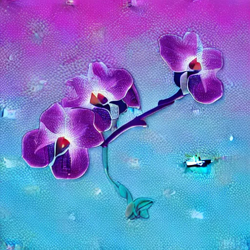 Image similar to isometric perspective icon of a cattleya orchid in monochromatic light blue reflective metallic iridescent material, 3 d render on dark background