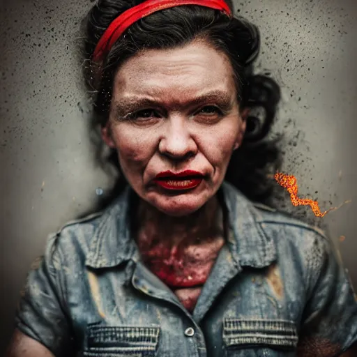 Prompt: a portrait of Rosie the riveter, industrial setting, dynamic pose, sweat and grime, close-up, intricate details, intricately detailed clothing, intricate textures, warm lighting, vivid colors, sparks flying, smoke and mist, realistic octane render, hyper realistic render, volumetric shading, depth of field, raytracing, 8k,