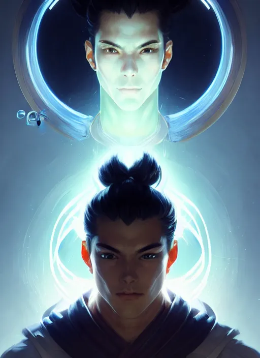 Image similar to symmetry!! portrait of yasuo, league of legends, tech wear, glowing lights!! intricate, elegant, highly detailed, digital painting, artstation, concept art, smooth, sharp focus, illustration, art by artgerm and greg rutkowski and alphonse mucha