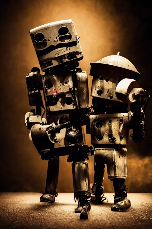 Prompt: a beautiful cinematic photo shot of a couple of threea toys figurines by ashley wood, world war one robot squids playing drums and electric guitar, black background, concert light, dark mood