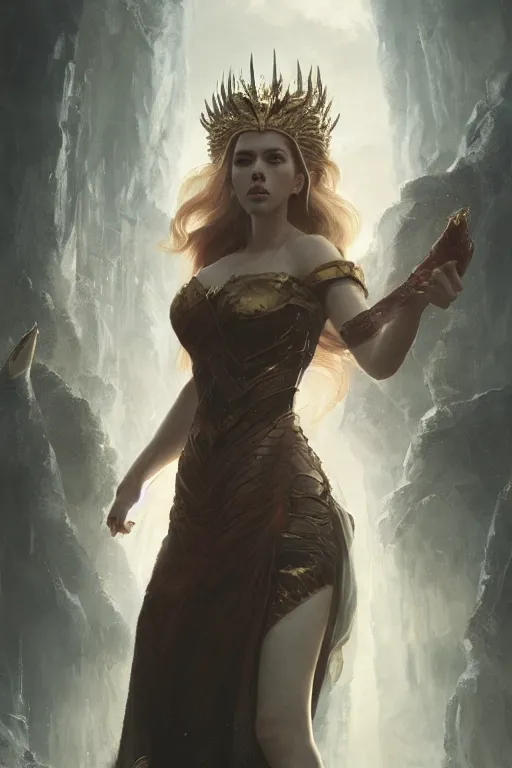 Prompt: a fancy portrait of Scarlett Johansson as a dragon queen by Greg Rutkowski, Sung Choi, Mitchell Mohrhauser, Maciej Kuciara, Johnson Ting, Maxim Verehin, Peter Konig, final fantasy , mythical, 8k photorealistic, cinematic lighting, HD, high details, atmospheric,