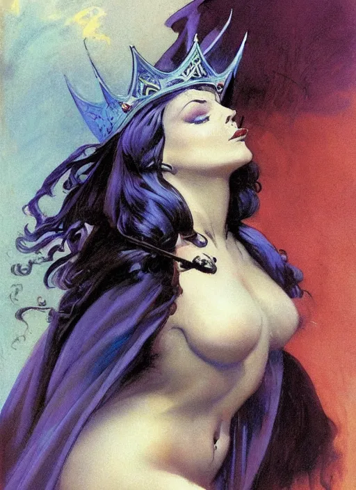 Image similar to mighty plump female sorceress, blue tiara, lightning strike above head, strong line, muted color, beautiful! coherent! by frank frazetta, by brom