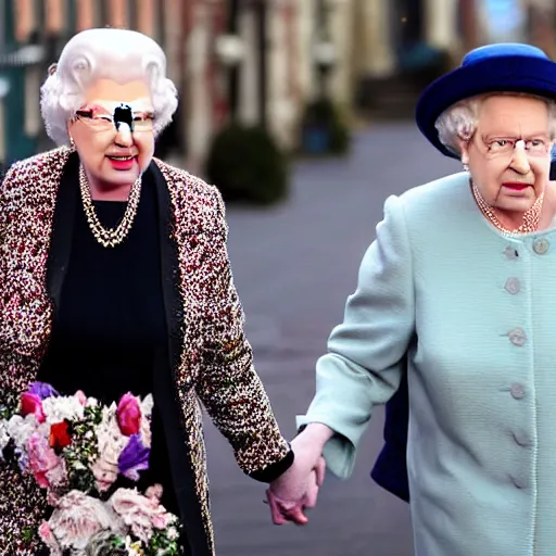 Prompt: pete davidson walking on the street, holding hands with queen elizabeth, candid photo