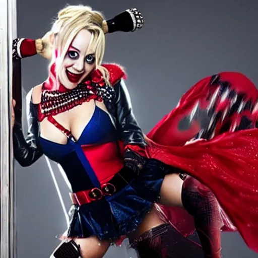 Image similar to A still of Kaley Cuoco as Harley Quinn