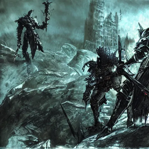 Image similar to dark souls fromsoft by yoji shinkawa, fantasy landscape, concept art