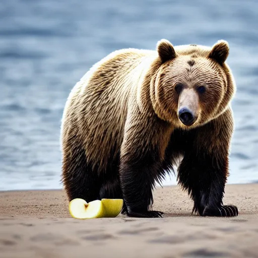 Image similar to national geographic photograph of a bear eating an apple, on the beach