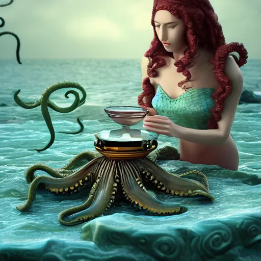 Image similar to The Queen of the Sea waves and her devoted servant octopus drink tea octane render, cinematic, elegant, intricate, 8k