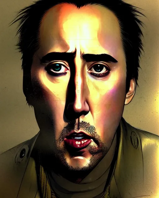 Image similar to portrait Anime Nicholas cage eating burger smoking Sharp fine face, pretty face, realistic shaded Perfect face, fine details. Anime. cyberpunk realistic shaded lighting by katsuhiro otomo ghost-in-the-shell, magali villeneuve, artgerm, rutkowski Jeremy Lipkin and Giuseppe Dangelico Pino and Michael Garmash and Rob Rey