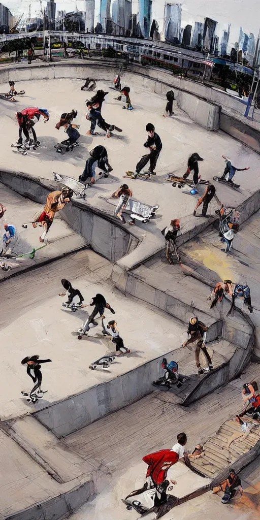 Image similar to oil painting scene skatepark with skaters and ramp by kim jung gi