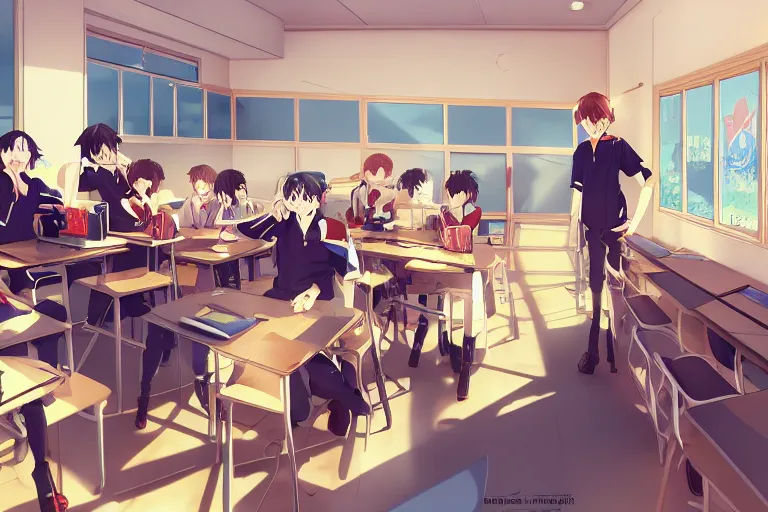 Prompt: boy's love anime modern high school classroom in winter clear day, expert high detail concept art cinematic, perfect proportions defined face, vivid colors, pixar undertones, photorealistic shaded lighting wallpaper ilya kuvshinov, katsuhiro, makoto shinkai, wlop loish and clamp style, trending on art station, best selling artist