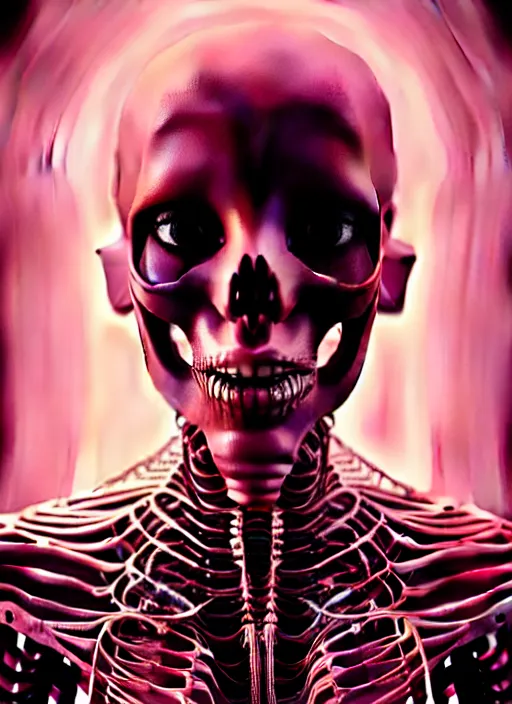 Prompt: portrait of an absurdly beautiful, graceful, sophisticated, fashionable futuristic female skeleton with sections of skin showing, glowing internal light, hyperdetailed illustration by irakli nadar and alexandre ferra, intricate linework, intricate chrome chains, wet dripping goo, dark atmosphere, glowing red eyes, unreal engine 5 highly rendered, global illumination, radiant light, detailed and intricate environment