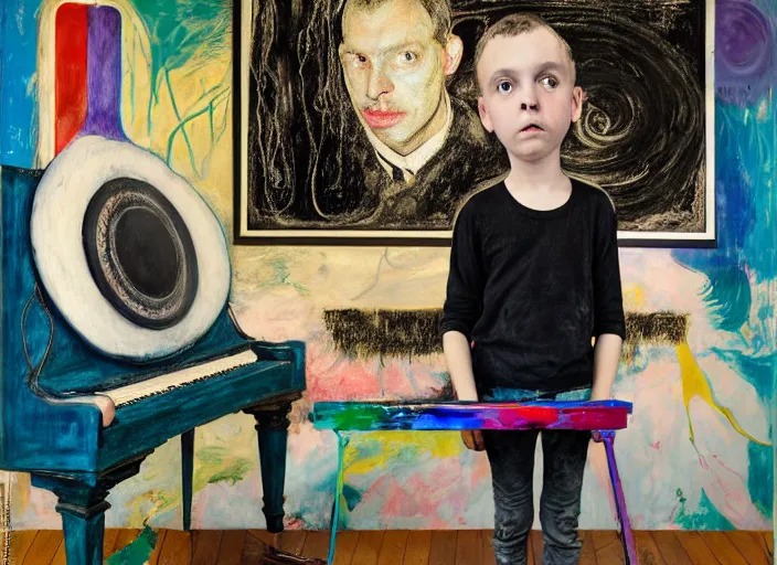 Image similar to front portrait of a child piano player, vincent lefevre and hernan bas and pat steir and hilma af klint, psychological, photorealistic, dripping paint, washy brush, rendered in octane, altermodern, masterpiece