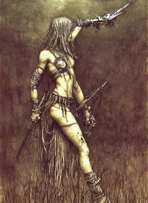 Prompt: young female warriors in tribal painting by Beksinski, Luis Royo, Arthur Rackham