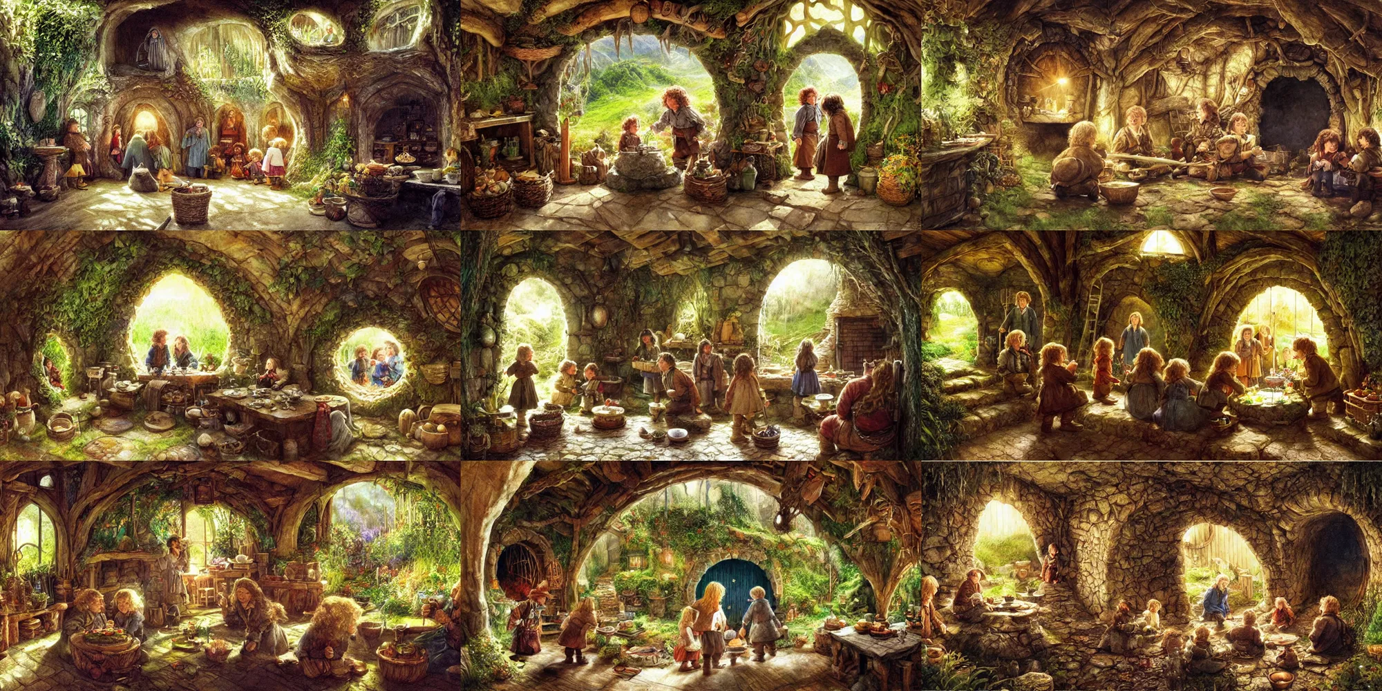 Prompt: a hobbit family celebrating around a cake within the interior of a hobbit hole, by alan lee, art station, dust flickers in beams of light from the windows, finely detailed furniture, warm colors, vibrant greenery outside, oil painting