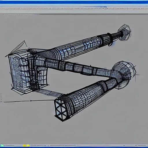 Image similar to xray wireframe of blueprint sketch of barrel fed rocket launcher, 8k resolution, high detail, ULTRA REALISTIC VFX, reflections, post processing