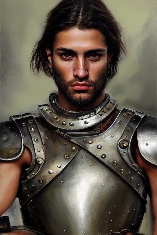 Prompt: a photorealistically painted portrait of a rugged young man, partially clothed in metal-plated battle armor, with an abstractly painted background, flawless olive skin, fair complexion, long dark hair, beautiful bone structure, perfectly symmetric facial features, perfect photorealistic eyes, muscular physique, intricate, elegant, digital painting, concept art, finely detailed, beautifully illustrated, sharp focus, minimal artifacts, volumetric lighting, from DOOM and Halo, by Ruan Jia and Mandy Jurgens and Artgerm and William-Adolphe Bouguerea, in the style of Greg Rutkowski, trending on Artstation, award winning art
