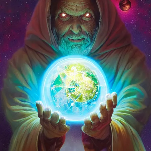 Image similar to the creator of worlds wearing a cloak and holding a holographic planet projection in his hand, detailed, sci - fi, digital painting, artstation, sharp focus, illustration, ominous, artgerm, tomasz alen kopera, peter mohrbacher, donato giancola, joseph christian leyendecker, wlop, frank frazetta