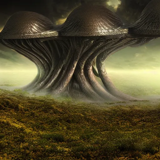 Image similar to bio-inspired design, alien nature, panoramic,octane render,luis royo style,psychedelic clouds