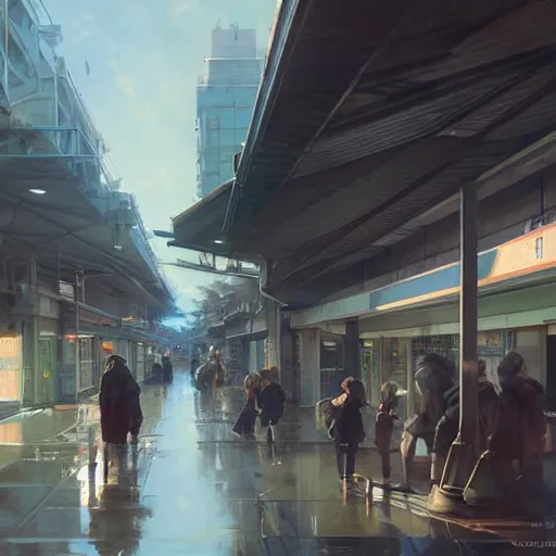 Image similar to i walked through streets around jr tachikawa and tama monorail stations, volumetric lighting, spring early morning, dew, nice weather, realistic illustration, perfectly shaded, soft painting, art by krenz cushart and wenjun lin