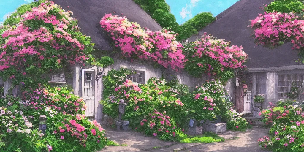 Image similar to flowery cottage, evening, highly detailed, studio ghibli, artstation