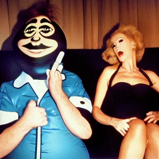Prompt: bored housewife meets a man with an inflatable cartoon face in a seedy motel room, 1982 color Fellini film, archival footage, technicolor film, 16mm, live action, John Waters, wacky children's tv comedy