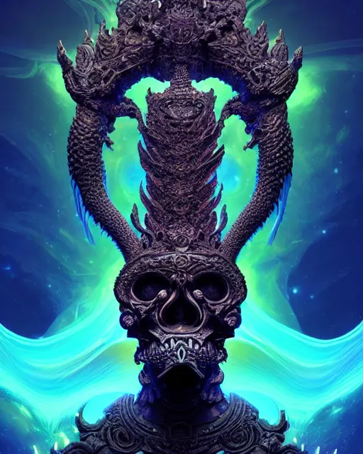 Image similar to 3 d ornate carved dark cosmic king with profile portrait, sigma 5 0 0 mm f / 5. beautiful intricate highly detailed quetzalcoatl skull. bioluminescent, plasma, lava, ice, water, wind, creature, thunderstorm! artwork by tooth wu and wlop and beeple and greg rutkowski, 8 k trending on artstation