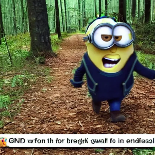 Prompt: bad quality screenshot of a leaked video of a small person dressed as gru from the minions following me through a forest trail, night time, bright camera flash, camera shaking, realistic, ultrarealistic, 4 8 0 p, scary