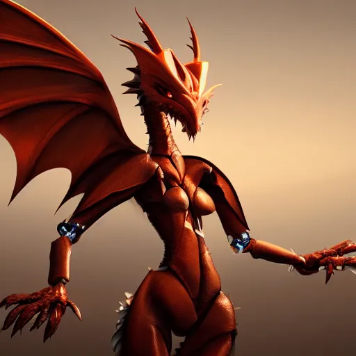 Prompt: cute anthropomorphic female robot dragon doing an elegant pose, with two big epic wings, two arms, and two legs, and a long tail; high quality art, artstation, unreal engine HD render, deviantart, furaffinity