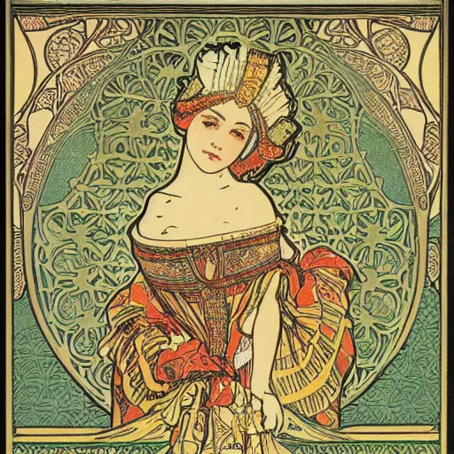 Image similar to Chambéry castle woodblock print. with ornamentation by Mucha