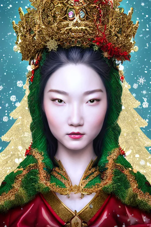 Image similar to a beautiful empress portrait, with a brilliant, impossible striking big Christmas tree headpiece, Santa clothes, everything Christmas, snow, Christmas ornaments, symmetrical, dramatic studio lighting, rococo, baroque, greens, asian, hyperrealism, closeup, D&D, fantasy, intricate, elegant, highly detailed, digital painting, artstation, octane render, 8k, concept art, matte, sharp focus, illustration, art by Artgerm and Greg Rutkowski and Alphonse Mucha