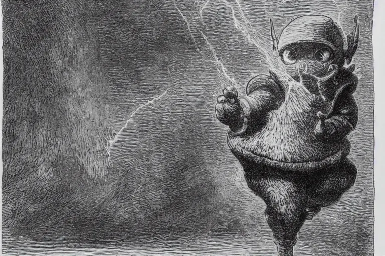 Image similar to Megaman as Pikachu, Gustave Dore lithography