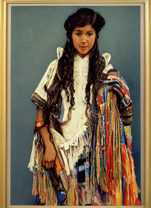 Prompt: a copic maker art nouveau portrait of a mapuche girl finely detailed features wearing a mapuche poncho designed by balenciaga by john berkey, norman rockwell akihiko yoshida