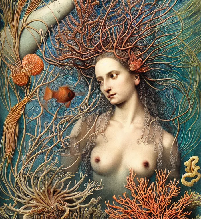 Image similar to realistic detailed underwater portrait of the goddess of the fish of the three times with an intricate headdress of corals, sea kelp, sea plants, fish, jellyfish, art by archimboldo and ernst haeckel, face in focus in the middle, neo - gothic, gothic,