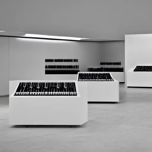 Image similar to a dezeen showroom, archdaily, minimalissimo photo of synthesizers by john pawson & virgil abloh & Patricia Urquiola
