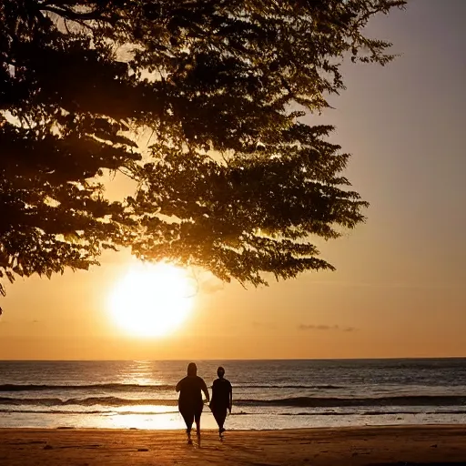 Image similar to Couple walking down a secluded beach during the golden hour quietly contemplating the newfound beauty discovered inside the other person while growing ever more deeply in trust and love between each other.