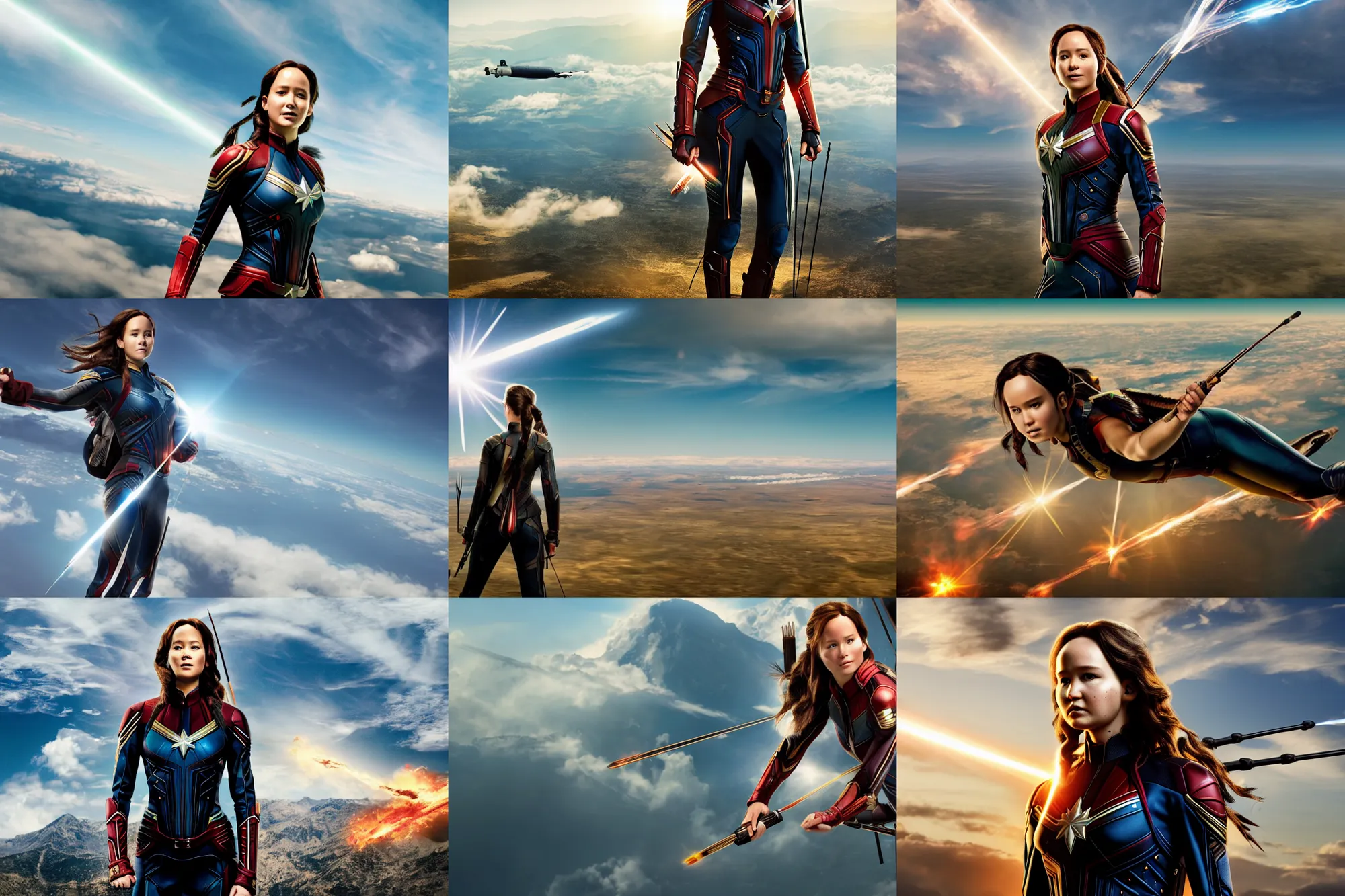 Prompt: ( katniss everdeen ) as captain marvel, hd aerial photography, high altitude, clouds and fields in background, lens flare