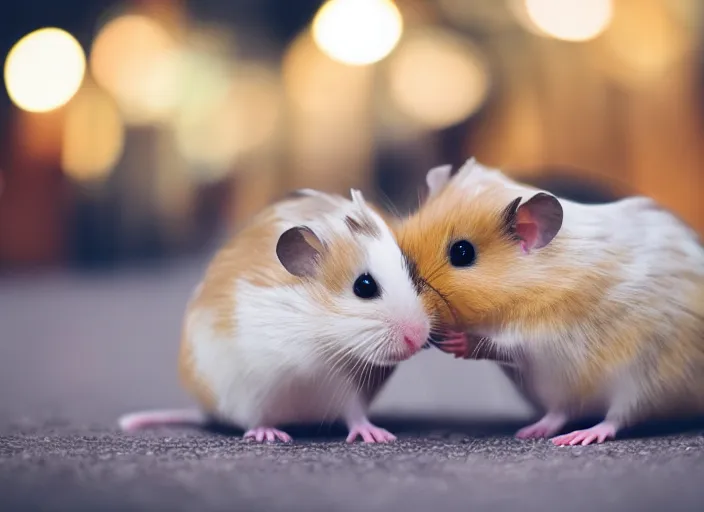 Prompt: photo of a hamsters kissing!!!!, at night, romantic, faded colors, candlelit restaurant table, cinematic color grading, various poses, soft light, well framed, sharp focus, 8 k