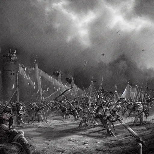 Image similar to a large army camped around a medieval castle, trebuchet and other artillery at the ready, 1200s, English country side, cloudy and rainy, trending on artstation
