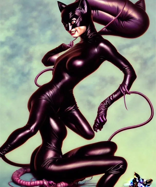 Image similar to cat woman from batman in the style of hajime sorayama, peter mohrbacher, wayne barlowe, gustav moreau, bussiere, roberto ferri, santiago caruso, luis ricardo falero, austin osman spare, boris vallejo, dali