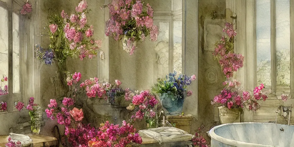 Prompt: a hiper intricate watercolor of a beatiful bathroom with flowers, extremely detailed, sharp focus, wide view, smooth, digital illustration, colorfull, by william turner art, by greg rutowski