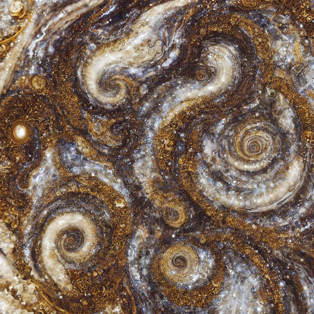 Image similar to fractured galaxy spiral seashells, cyclone seahorse ivory sculpture, detailed fractal patterns, macrophotography, ochre and umber powders, encrusted with dark opals and gold, hyper realistic intricate and complex, fine art photography, trending