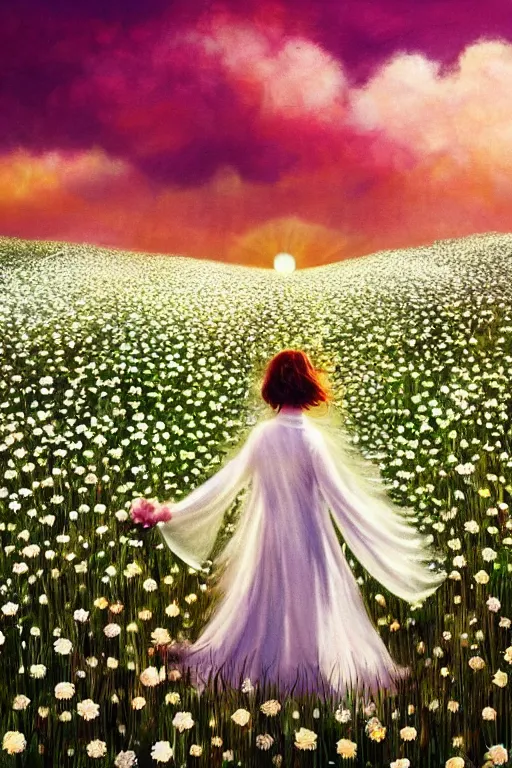 Prompt: giant white daisy flower veil head, girl walking in a flower field, surreal photography, sunrise, dramatic light, impressionist painting, colorful clouds, digital painting, artstation, simon stalenhag