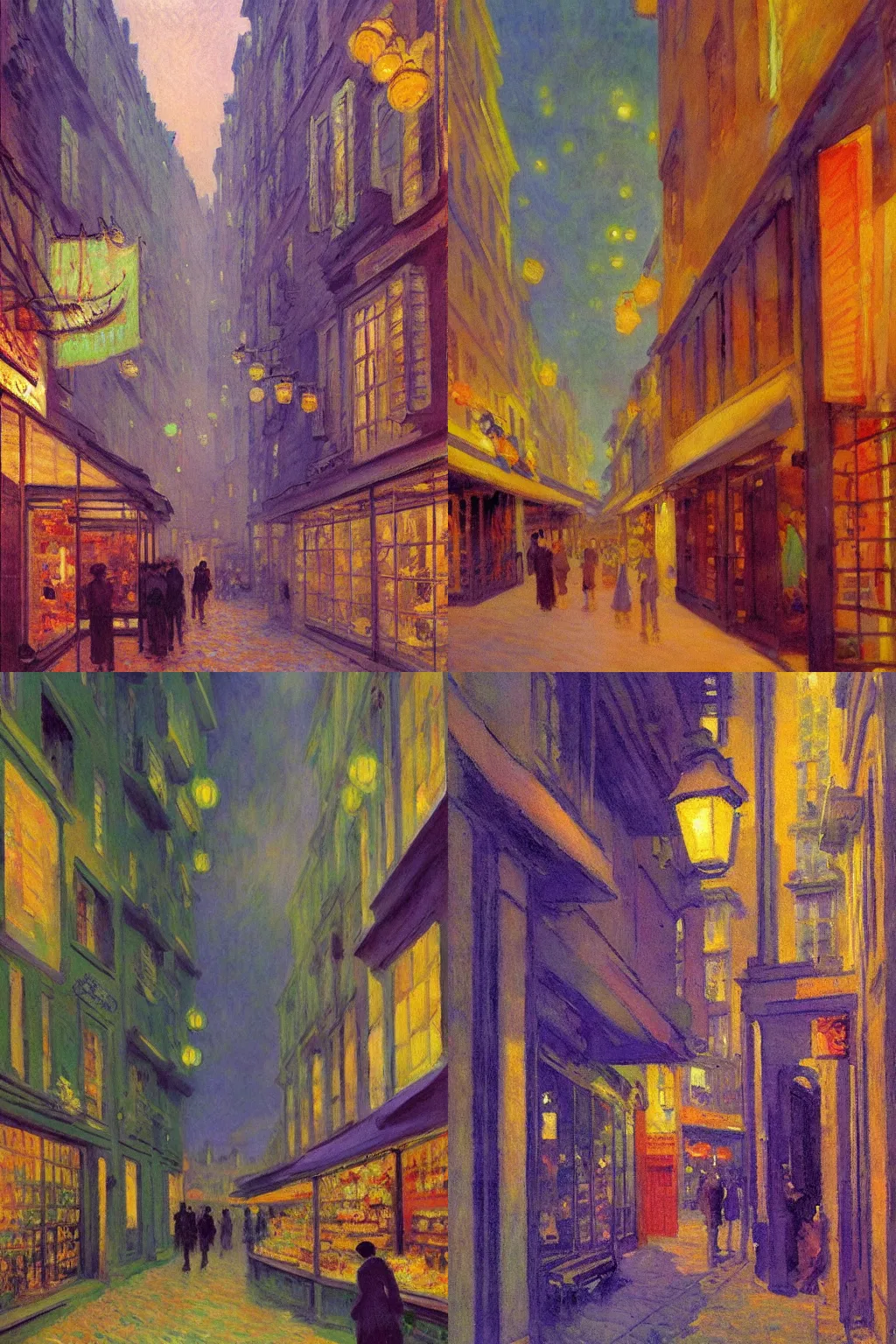 Prompt: impressionist watercolor painting by Claude Monet, crowded Paris alleyway filled with shops lighting up the purple night by Edward Hopper, by Dean Ellis, by Jean Giraud, 1942, fisheye lens