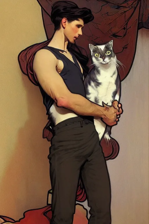 Prompt: full body portrait of a single beautiful young fit man, modern haircut, open shirt, large pants, holding a detailed photorealistic cat in his arms. by greg rutkowski and alphonse mucha, d & d character, in front of a modern room background, highly detailed portrait, digital painting, artstation, concept art, smooth, sharp focus ilustration, artstation hq