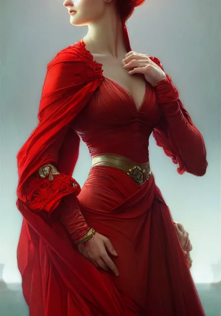 Image similar to sansa fatal women in red, intricate, elegant, highly detailed, digital painting, artstation, concept art, smooth, sharp focus, illustration, art by artgerm and greg rutkowski and alphonse mucha and william - adolphe bouguereau